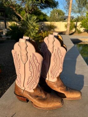 JUSTIN Western Leather Cowgirl Cowboy Boots in Boho Pink and Brown Size 6B